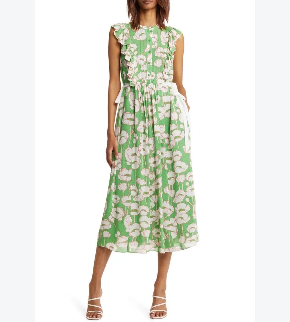 Ted Baker London Size 0 Tindraa Midi Dress Green Floral Ruffled Crepe Tie Waist
